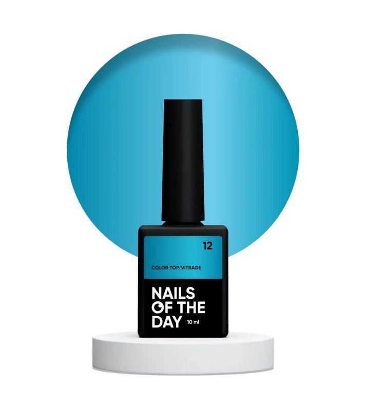 NAILSOFTHEDAY spalvotas viršutinis sluoksnis/Vitrage 12 — pusiau permatomas tamsiai mėlynos spalvos vitražinis TOP, 10 ml.