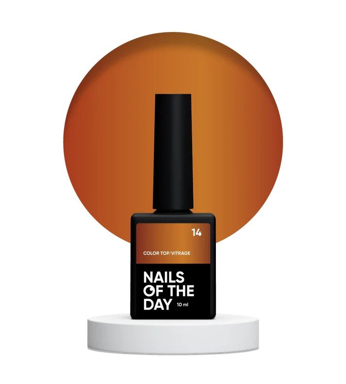 NAILSOFTHEDAY spalvotas viršutinis sluoksnis/Vitrage 14 — pusiau permatomas karamelinis vitražinis TOP, 10 ml.