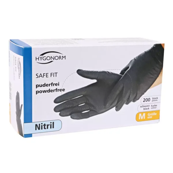 f94478bf_261508_2_safe-fit-schwarz-verpackung Hygonorm SAFE FIT, powder-free juodos pirštinės, dydis M, 200vnt/pak.