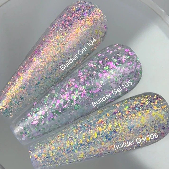 NAILSOFTHEDAY Ariel builder gel 104 — skaidrus statybinis gelis su Yuki dribsniais, 15 ml.