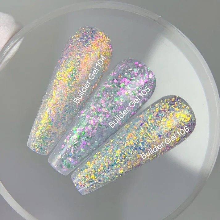 NAILSOFTHEDAY Ariel builder gel 104 — skaidrus statybinis gelis su Yuki dribsniais, 15 ml.