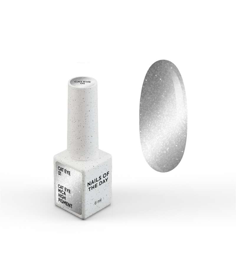 NAILSOFTHEDAY Gelinis lakas „Cat Eye 01“ — sidabrinis katės akies gelinis lakas su smulkiais blizgučiais ir šviesą atspindinčiu efektu, persidengiančiu vienu sluoksniu, 6 ml
