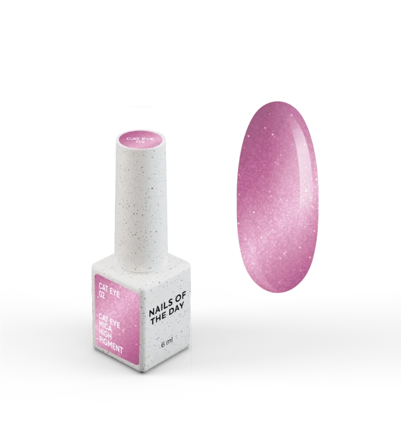 NAILSOFTHEDAY Gelinis lakas „Cat Eye 02“ — rožinis katės akių tipo gelinis lakas su smulkiu blizgesiu ir šviesą atspindinčiu efektu, dengiantis vienu sluoksniu, 6 ml