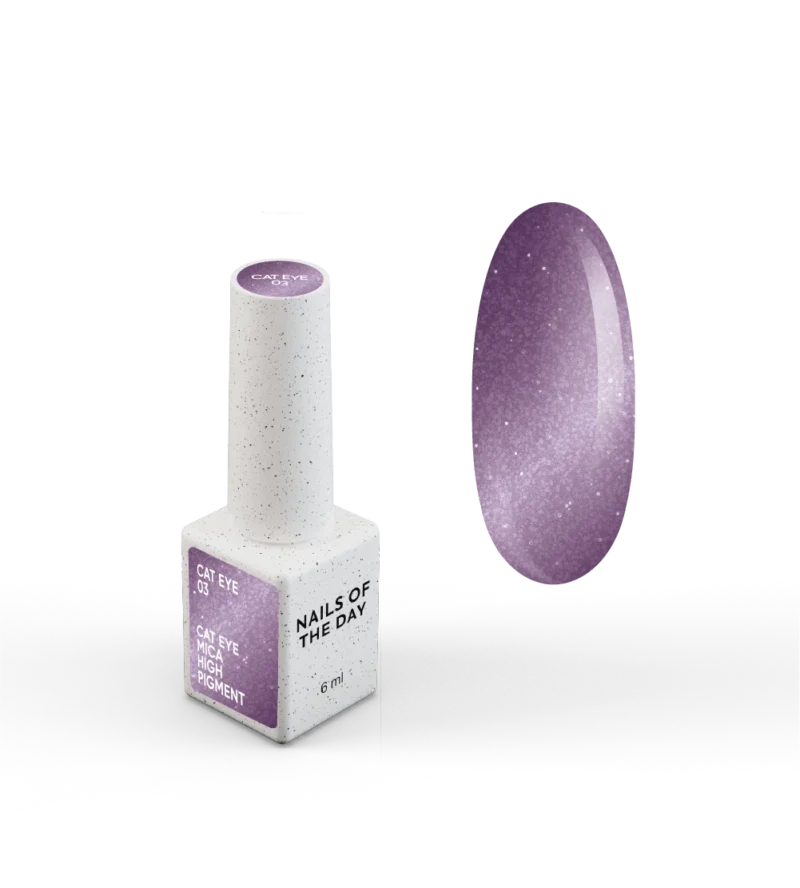 NAILSOFTHEDAY Gelinis lakas „Cat Eye 03“ — violetinis katės akių gelinis lakas su smulkiais blizgučiais ir šviesą atspindinčiu efektu, persidengiančiu vienu sluoksniu, 6 ml