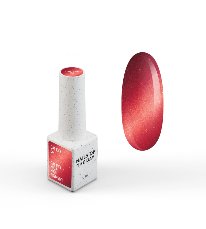 NAILSOFTHEDAY Gelinis lakas „Cat Eye 06“ — raudonas katės akių tipo gelinis lakas su smulkiu blizgesiu ir šviesą atspindinčiu efektu, dengiantis vienu sluoksniu, 6 ml