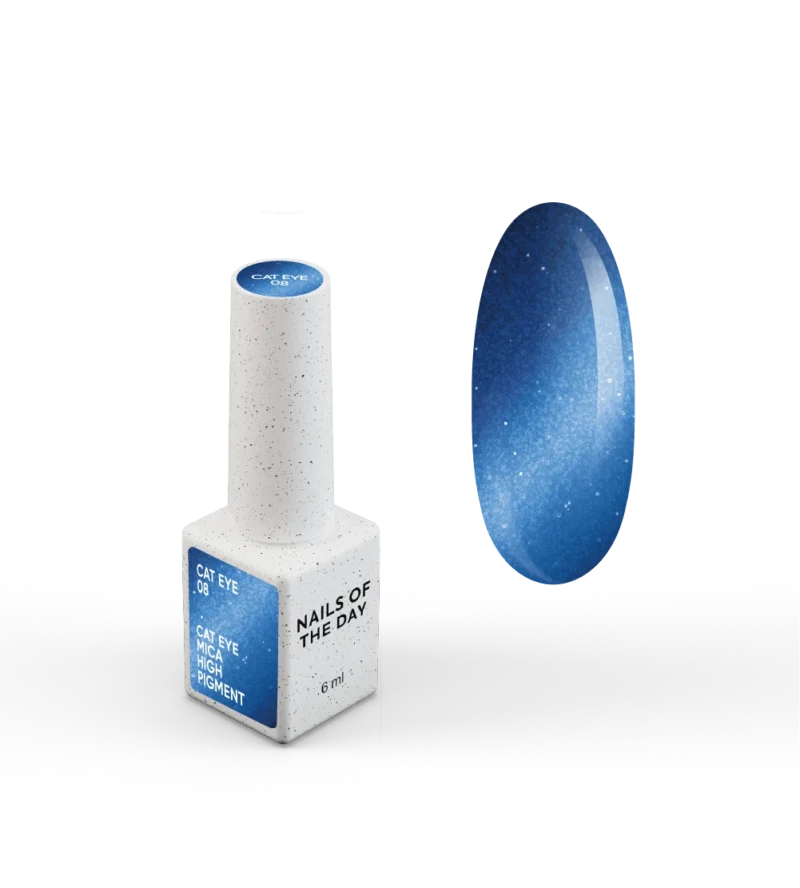 NAILSOFTHEDAY Gelinis lakas „Cat Eye 08“ — mėlynas katės akių tipo gelinis lakas su smulkiu blizgesiu ir šviesą atspindinčiu efektu, dengiantis vienu sluoksniu, 6 ml