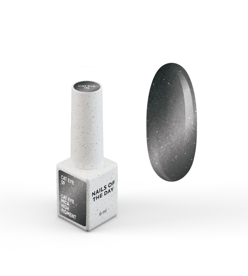 NAILSOFTHEDAY Gelinis lakas „Cat Eye 09“ — juodas katės akies gelinis lakas su smulkiu matiniu paviršiumi ir šviesą atspindinčiu efektu, dengiantis vienu sluoksniu, 6 ml