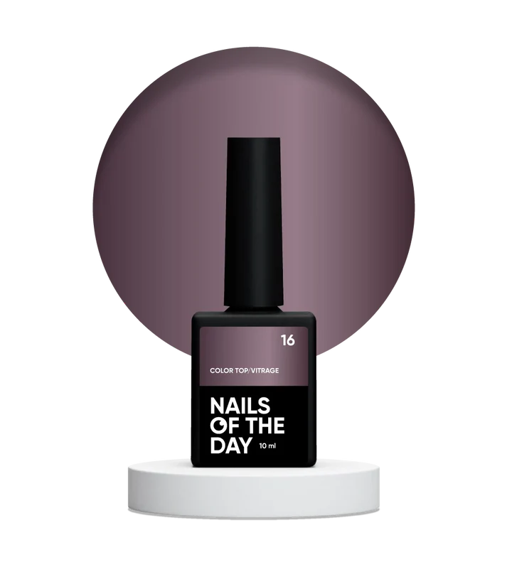 NAILSOFTHEDAY Color top/Vitrage 16 — pusiau permatomas dulkėtos slyvos spalvos vitražo viršutinis lakas, 10 ml