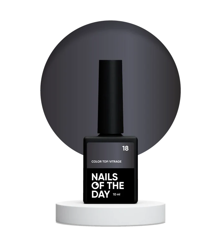 NAILSOFTHEDAY Color top/Vitrage 18 — pusiau skaidrus grafito pilkai juodas vitražo viršutinis sluoksnis, 10 ml