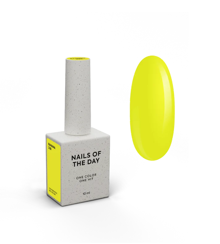 NAILSOFTHEDAY Summer let‘s special Banana-228 — neoninės geltonos spalvos gelinis lakas, visiškai padengiantis vienu sluoksniu, 10 ml
