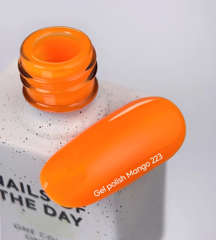 NAILSOFTHEDAY Summer Let‘s special Mango-223 — neoninės oranžinės spalvos gelinis lakas, visiškai padengiantis vienu sluoksniu, 10 ml