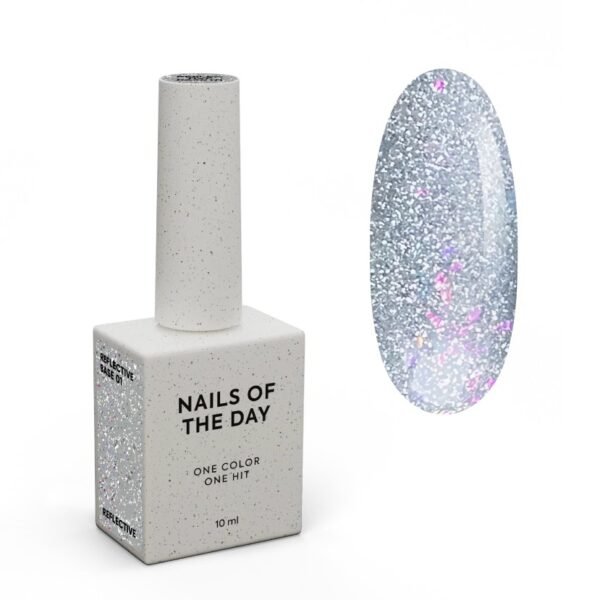 NAILSOFTHEDAY Reflective base 01 — atspindinti bazė su blizgučiais (sidabriniai ir rožiniai blizgučiai), 10 ml