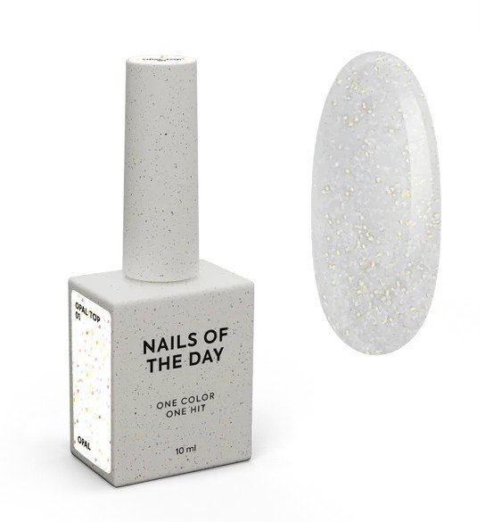 NAILSOFTHENIGHT Opal top 01 viršutinis sluoksnis su Opal blizgučiais ant skaidraus pagrindo, be lipnaus sluoksnio ir be UV filtrų nagams, 10ml.