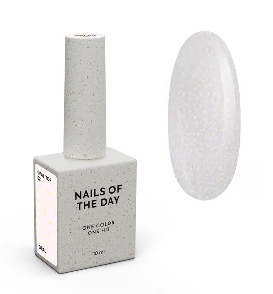 NAILSOFTHENIGHT Opal top 02 viršutinis sluoksnis su opaliniais blizgučiais ant šviesaus pieno pagrindo, be lipnaus sluoksnio ir be UV filtrų nagams, 10 ml.