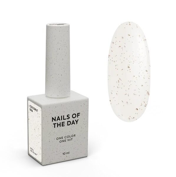 NAILSOFTHEDAY Gel Polish Spring „Coconut“ — pieniškos baltos spalvos gelinis lakas su aukso folija, visiškai padengiantis vienu sluoksniu, 10ml.
