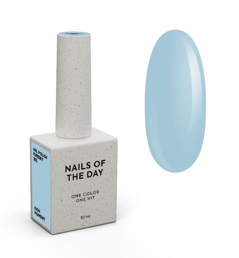 NAILSOFTHEDAY Gel Polish New Spring „Puresky“ — pastelinės dangaus mėlynumo spalvos gelinis lakas, visiškai padengiantis vienu sluoksniu, 10 ml.