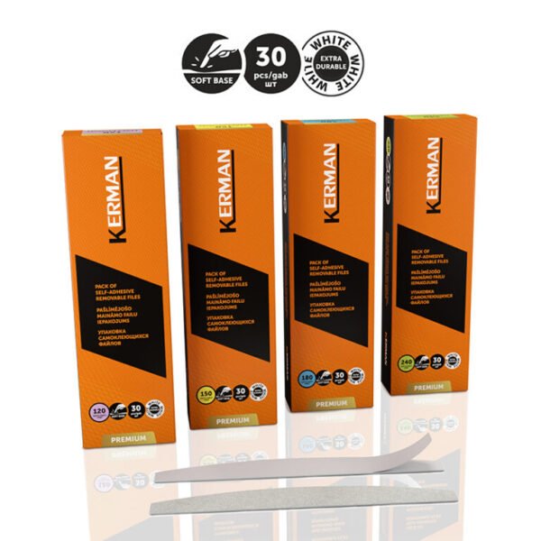 Kerman-Changeable-nail-files-Halfmoon30pcsWhite-abrasive-768x768 KERMAN PREMIUM pusmėnulio formos, klijuojami abrazyvai su paminkštinimu, 30vnt., 150grt. 28x180mm