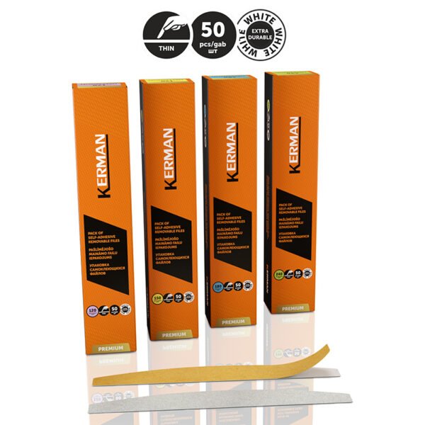 Kerman-Changeable-nail-files-without-softening-thinSize-Halfmoon-WHITE-PREMIUM-abrasive-www.kerman-files.com_ KERMAN PREMIUM Halfmoon klijuojami abrazyvai be paminkštinimo, 50vnt., 150grt., 28x180mm
