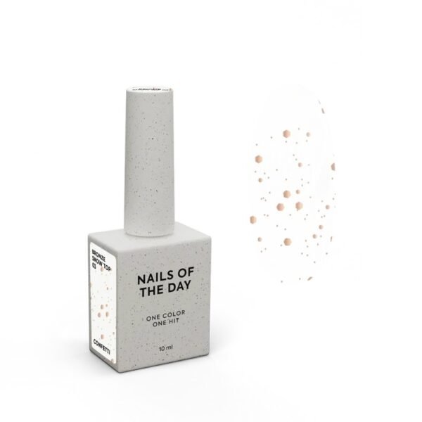 NAILSOFTHENIGHT Bronze Snow top 03 — viršutinis sluoksnis su skirtingo dydžio bronziniais šešiakampiais, be lipnaus sluoksnio, 10 ml.