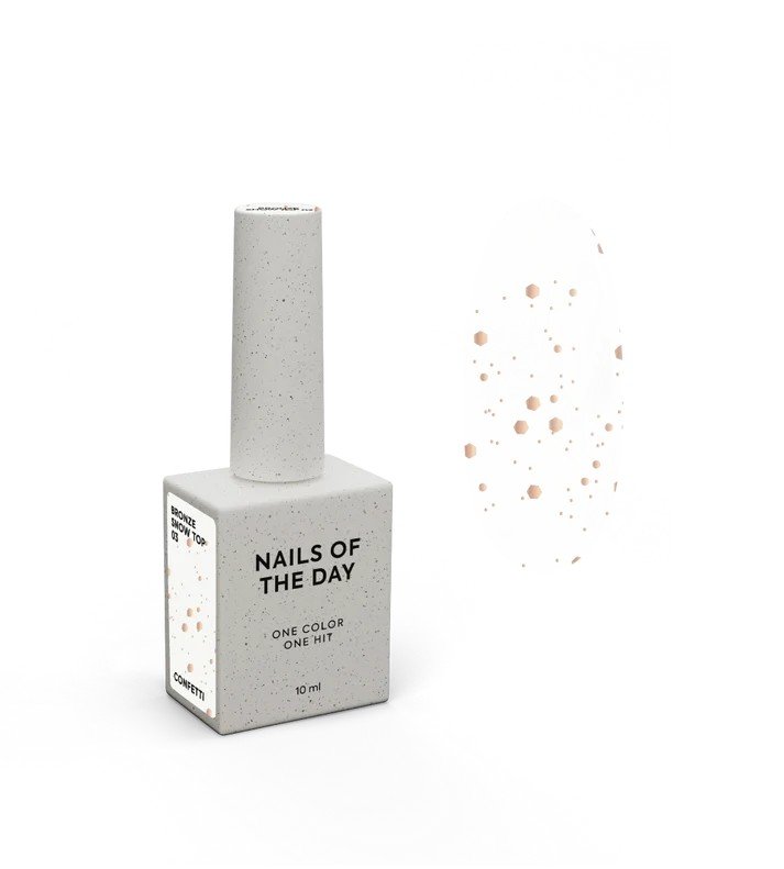 NAILSOFTHENIGHT Bronze Snow top 03 — viršutinis sluoksnis su skirtingo dydžio bronziniais šešiakampiais, be lipnaus sluoksnio, 10 ml.