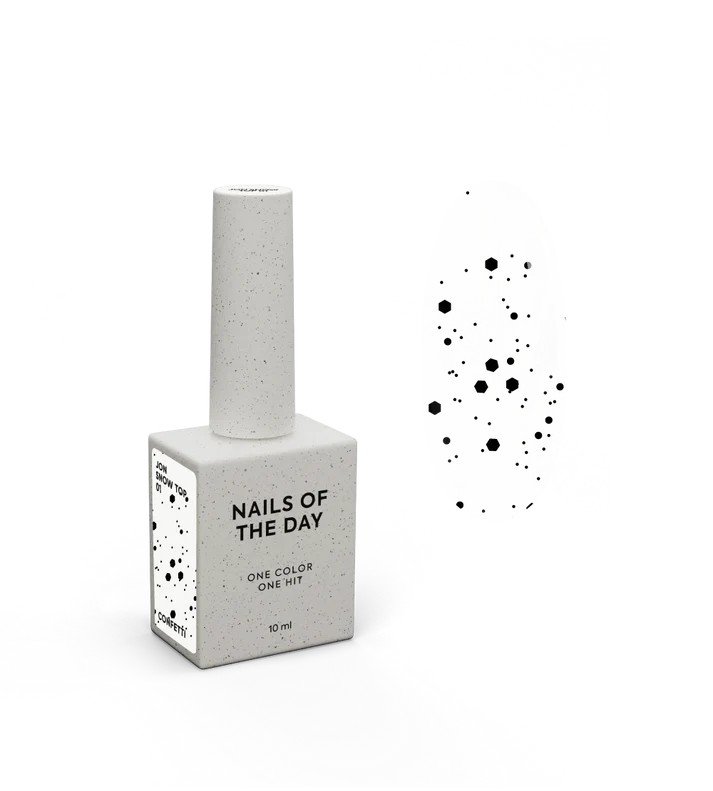 NAILSOFTHENIGHT Jon Snow top 01 — viršutinis sluoksnis su įvairių dydžių juodais šešiakampiais, be lipnaus sluoksnio, 10 ml.