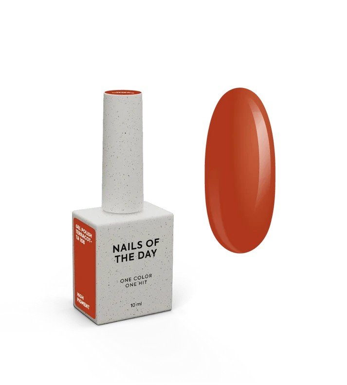 NAILSOFTHEDAY Autum gel polish „Terracotta“– šiltas terakotos (plytų) atspalvis, visiškai padengiantis vos vienu sluoksniu. 10 ml.